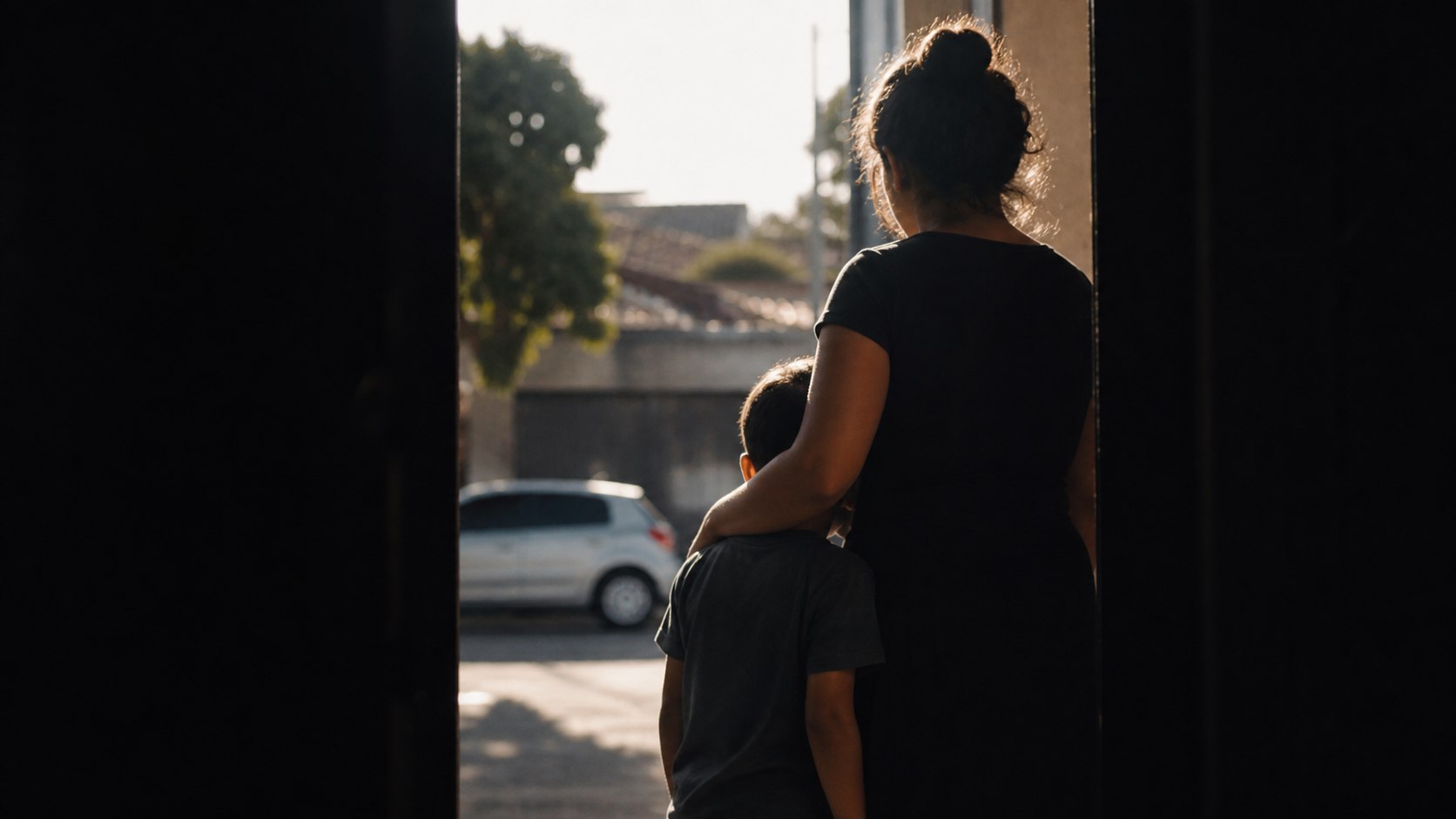 Mãe e filho na porta de casa, em contraluz